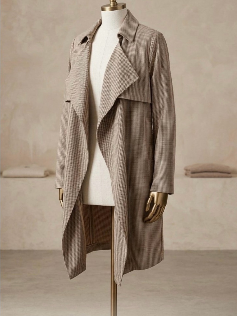 STATE Beige Houndstooth Open-Front Trench Coat